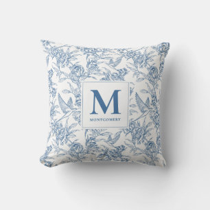 Blue Vintage Floral Toile de Jouy French Monogram Cushion