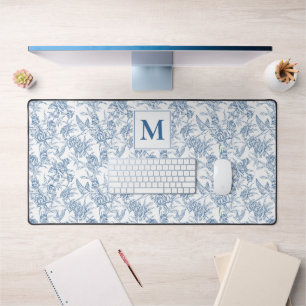 Blue Vintage Floral Toile de Jouy French Monogram Desk Mat