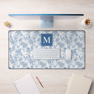 Blue Vintage Floral Toile de Jouy French Monogram Desk Mat