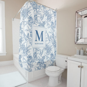 Blue Vintage Floral Toile de Jouy French Monogram Shower Curtain