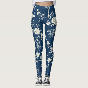 Blue Vintage Floral Toile Pattern (11) Leggings