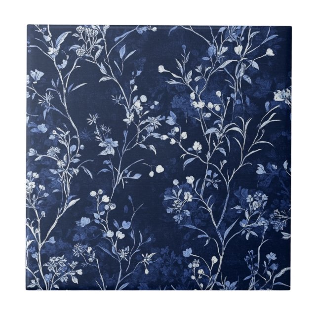 Blue Vintage Floral Toile Pattern (11) Tile (Front)