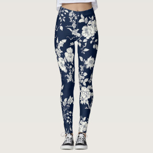 Blue Vintage Floral Toile Pattern (12) Leggings