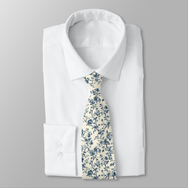 Blue Vintage Floral Toile Pattern (2) Tie (Tied)