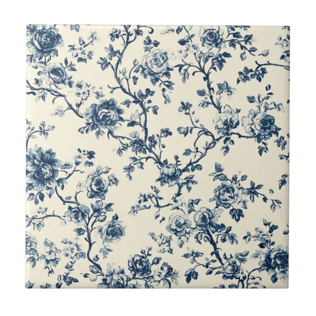 Blue Vintage Floral Toile Pattern (2) Tile (Front)