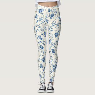 Blue Vintage Floral Toile Pattern (3) Leggings