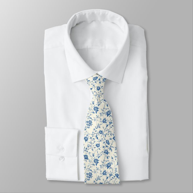 Blue Vintage Floral Toile Pattern (3) Tie (Tied)