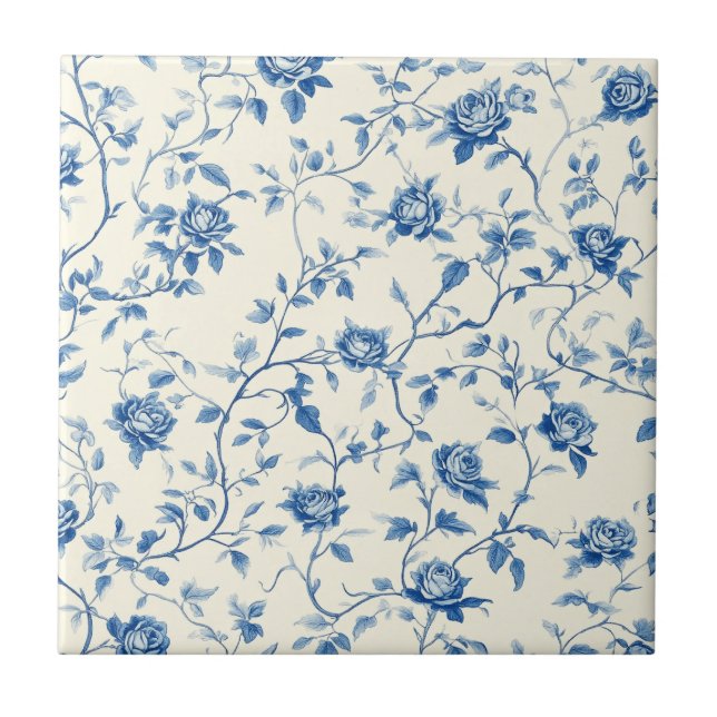 Blue Vintage Floral Toile Pattern (3) Tile (Front)