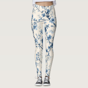 Blue Vintage Floral Toile Pattern (4) Leggings