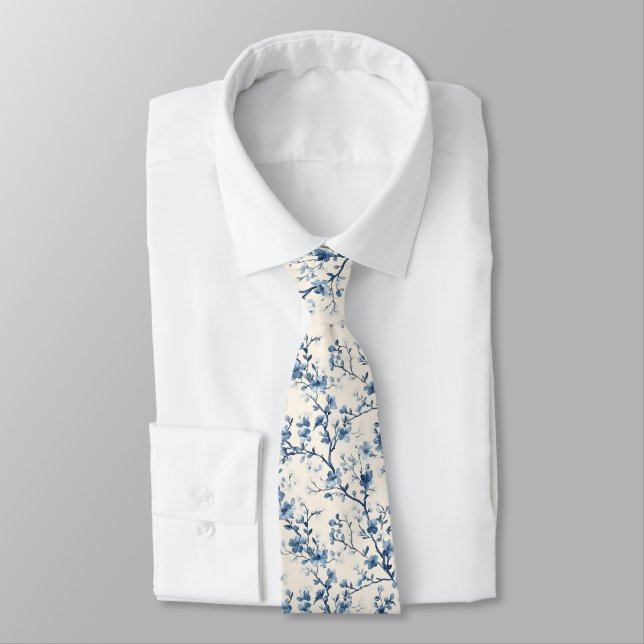 Blue Vintage Floral Toile Pattern (4) Tie (Tied)