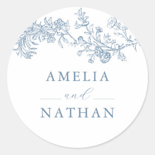 Blue Vintage Floral Wedding Classic Round Sticker