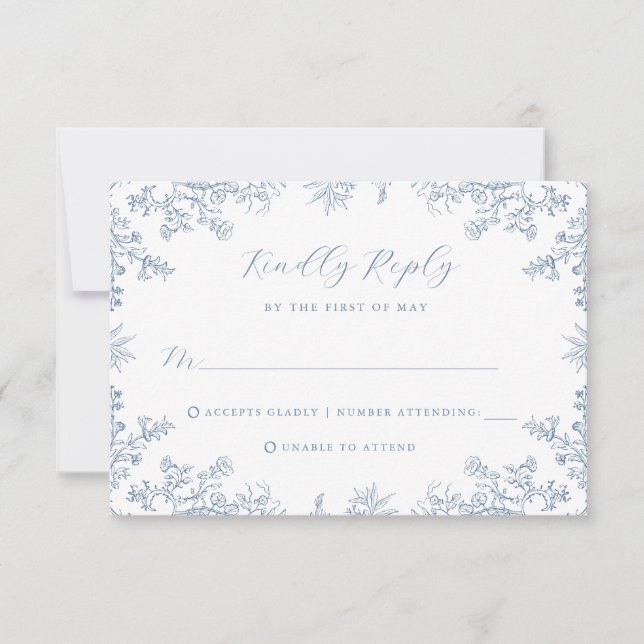 Blue Vintage Floral Wedding RSVP Card (Front)