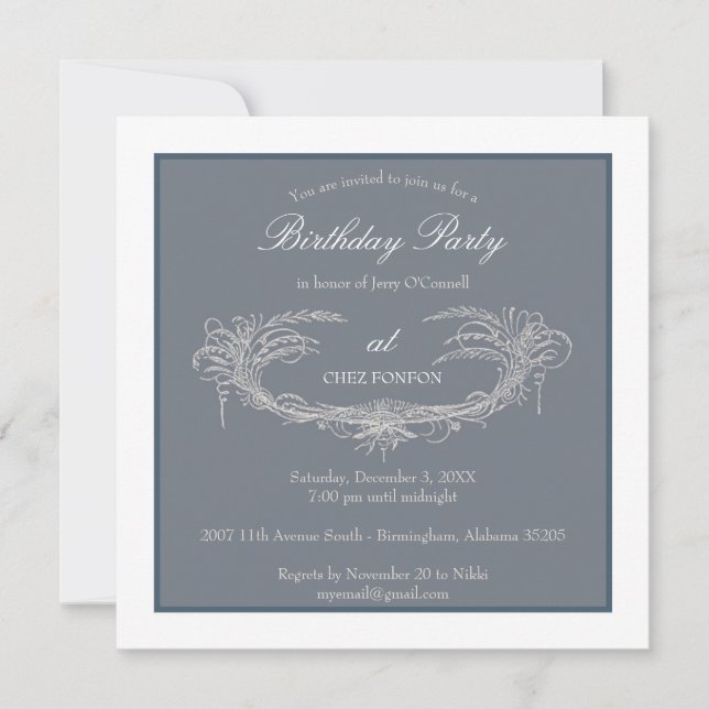 Blue Vintage Flourish Adult Birthday Party Invitation (Front)