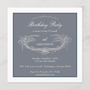 Blue Vintage Flourish Adult Birthday Party Invitation
