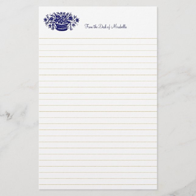Blue Vintage Flower Basket Custom Lined Stationery (Front)