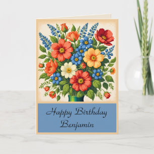 Blue Vintage Flower Bouquet Folded Birthday Card