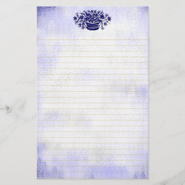 Blue Vintage Flower Faux Canvas Lined Stationery (Front)