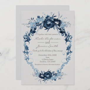 Blue Vintage Flowers Elegant Floral Wedding Invitation