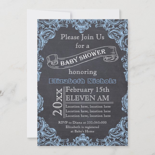 Blue vintage frame and chalkboard baby shower invitation (Front)