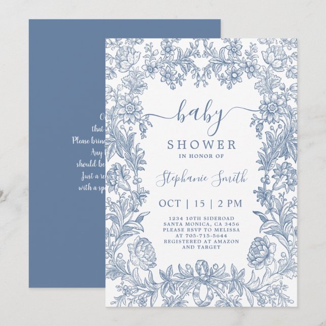 Blue Vintage Frame Baby Shower Invitation (Front/Back)