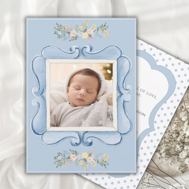 Blue Vintage Frame Whimsical Baby Announcement (Creator Uploaded)