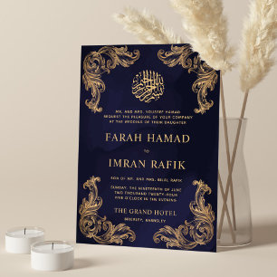 Blue Vintage Gold Corner Islamic Muslim Wedding Invitation