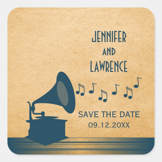Blue Vintage Gramophone Save the Date Stickers (Front)