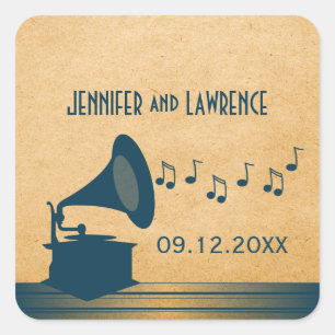 Blue Vintage Gramophone Wedding Stickers