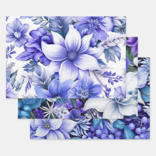 Blue Vintage Inspired Christmas Florals Wrapping Paper Sheet