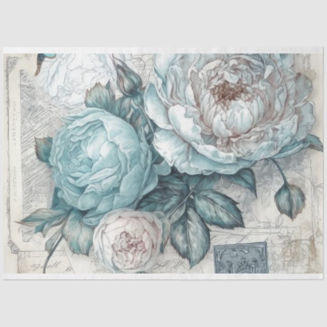 Blue Vintage Inspired Floral Decoupage Tissue Paper (Front)