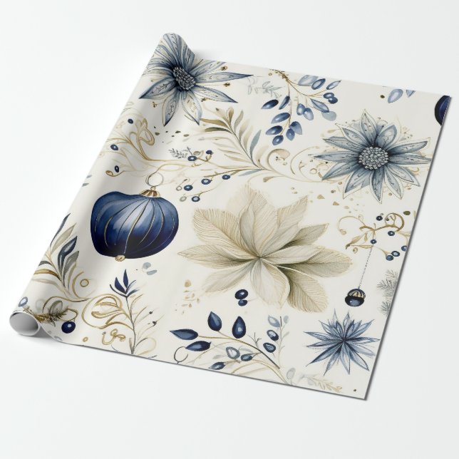Blue Vintage Inspired Floral  Wrapping Paper (Unrolled)