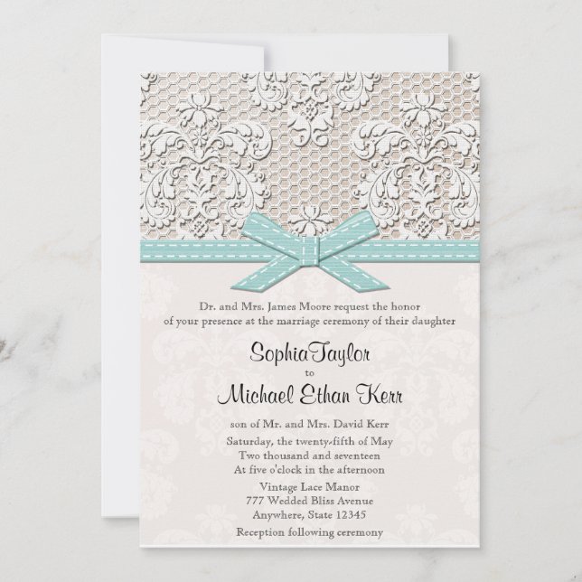 Blue Vintage Lace and Pearls Glamour Wedding Invitation (Front)