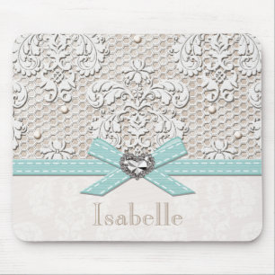 Blue Vintage Lace and Pearls Mouse Mat
