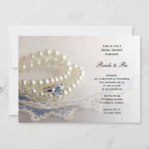 Blue Vintage Lace, Pearls and Ring Bridal Shower Invitation