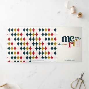 Blue Vintage Merry Christmas Multiphoto Tri-Fold Holiday Card