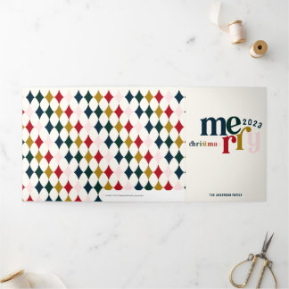 Blue Vintage Merry Christmas Multiphoto Tri-Fold Holiday Card