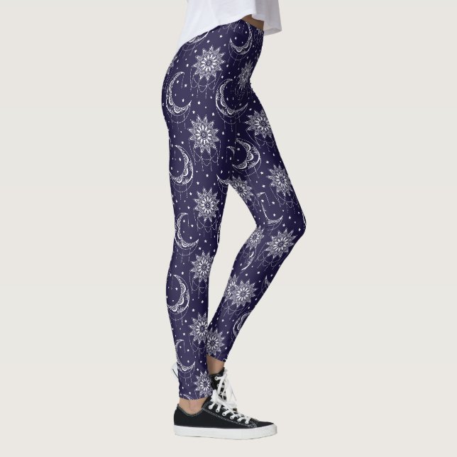 Blue vintage moon ornamental pattern leggings (Right)