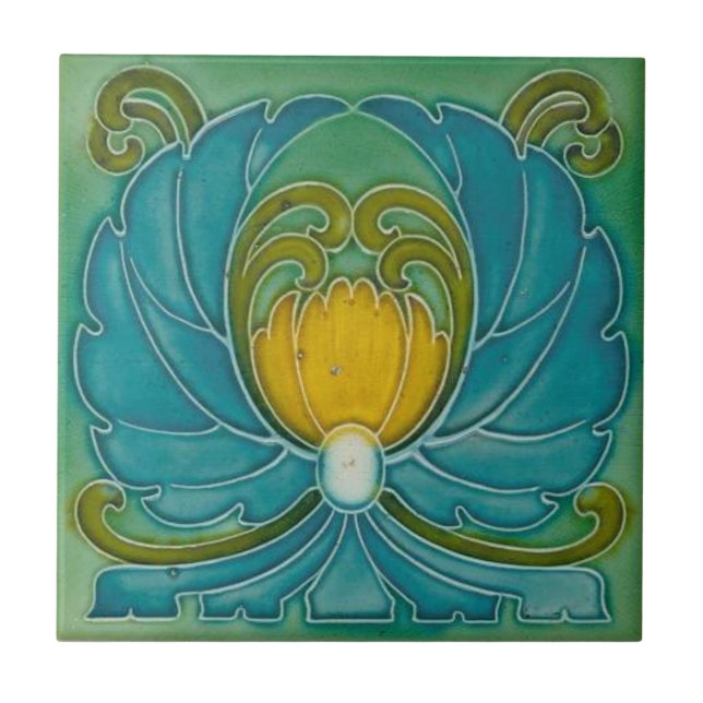 Blue Vintage Nouveau Art Flower Design Tile (Front)