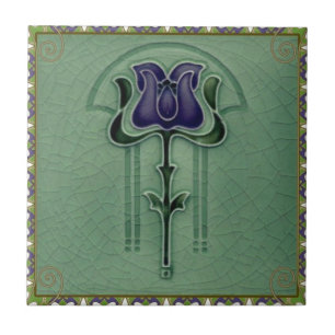 Blue Vintage Nouveau Art Flower Design Tile