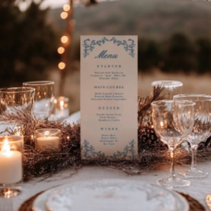 Blue vintage old money royale Wedding menu