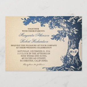 blue vintage old oak tree wedding invitations