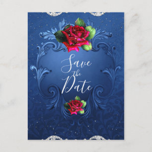 Blue Vintage Ornamental Red Roses Save the Date Announcement Postcard
