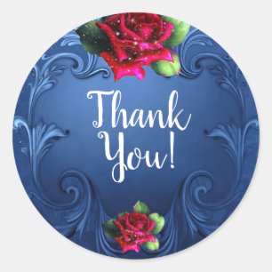 Blue Vintage Ornamental Red Roses Wedding Favour Classic Round Sticker