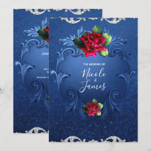 Blue Vintage Ornamental Red Roses Wedding Invitation