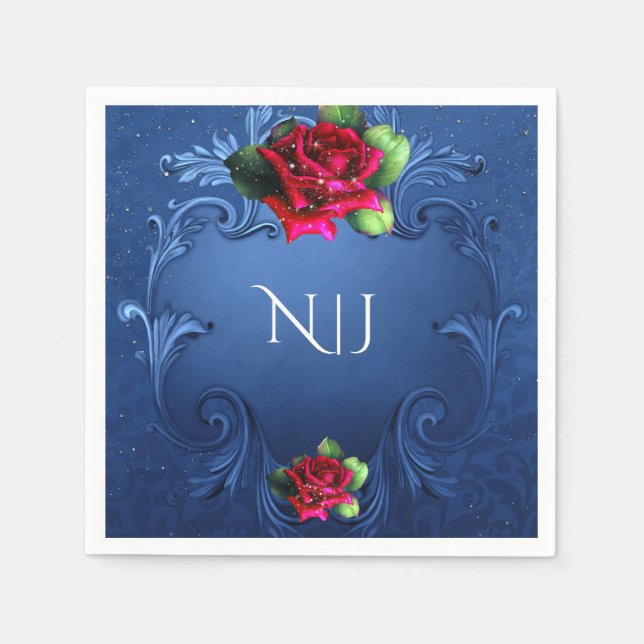 Blue Vintage Ornamental Red Roses Wedding Napkin (Front)