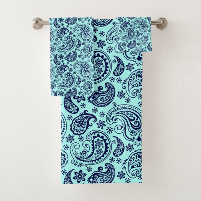 Blue vintage paisley on light-blue background bath towel set (Insitu)