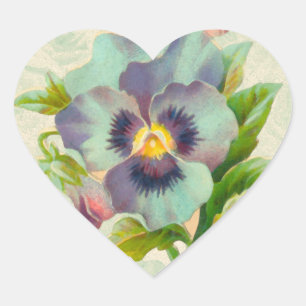 Blue Vintage Pansy Watercolor Heart Sticker