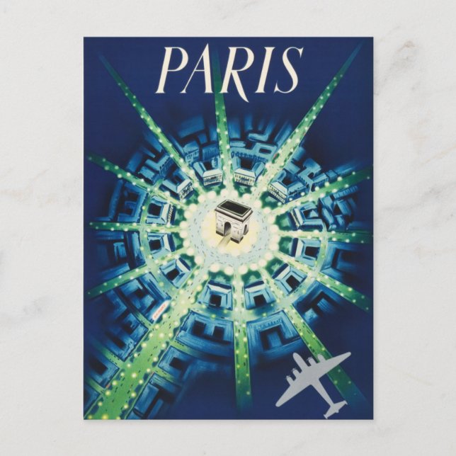 Blue Vintage Paris French Air Travel Europe Postcard (Front)