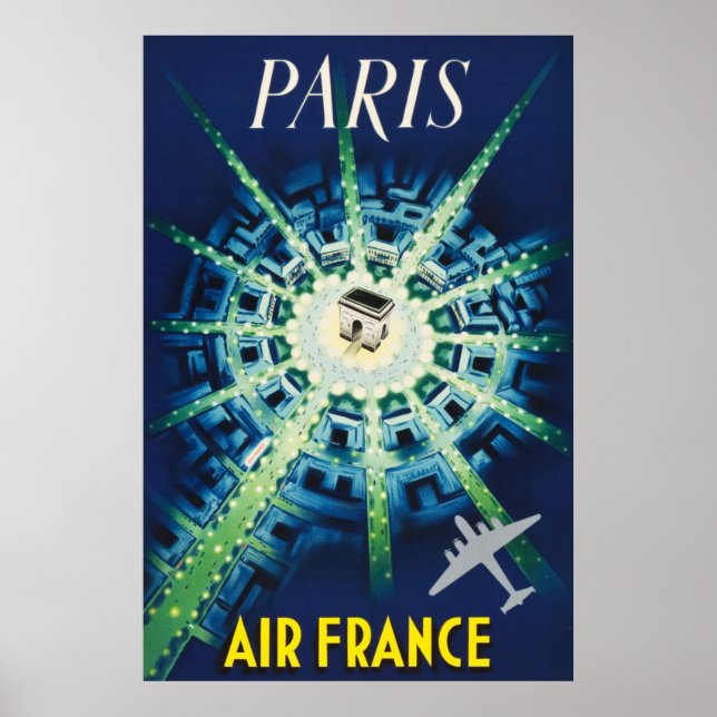 Blue Vintage Paris French Air Travel Europe Poster (Front)