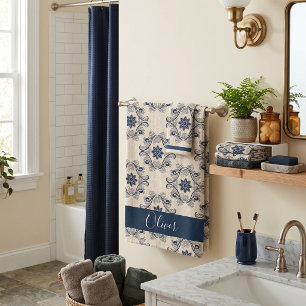 Blue vintage pattern personalized bath towel set